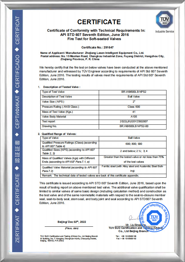 API 607 ​​brandcertifiering (BR.W8/600 LB NPS2)